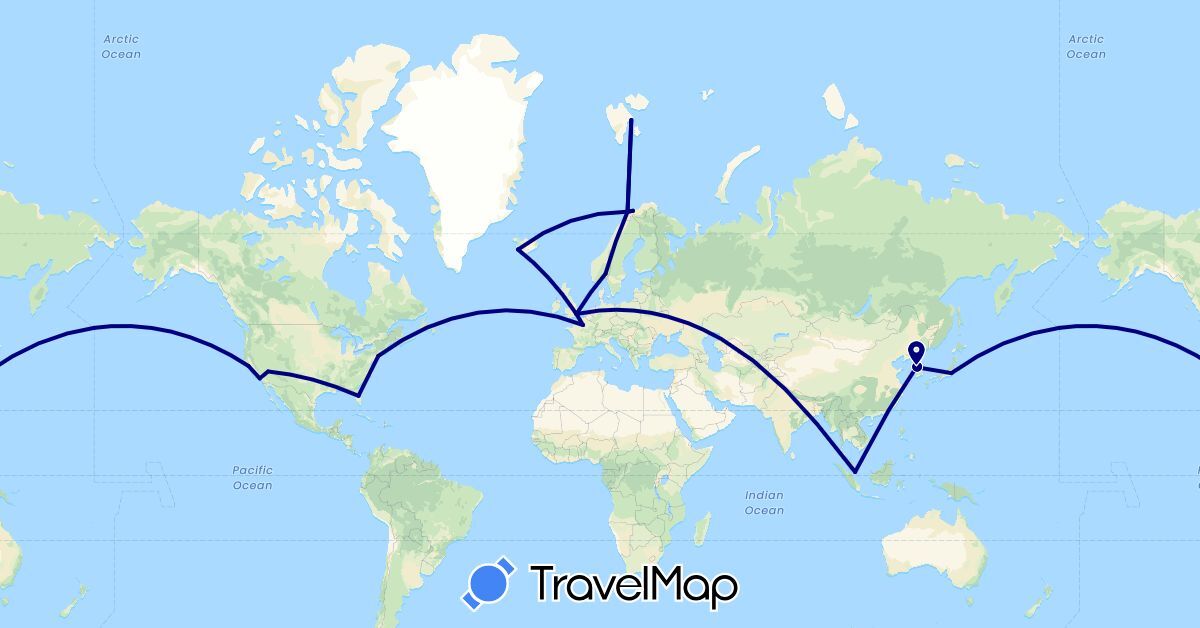 TravelMap itinerary: driving in France, United Kingdom, Iceland, Japan, South Korea, Norway, Singapore, United States (Asia, Europe, North America)